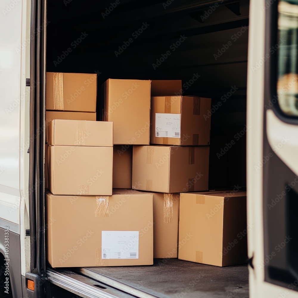 A stack of cardboard boxes loaded in a delivery truck, ready for shipment. A stack of cardboard boxes loaded in a delivery truck, ready for shipment.