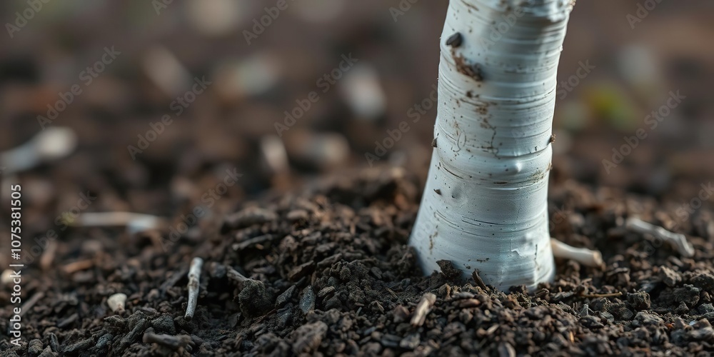 Obraz premium Close-up view of a small white and gray trunk with sparse foliage on top of the soil, forest, branch, bonsai