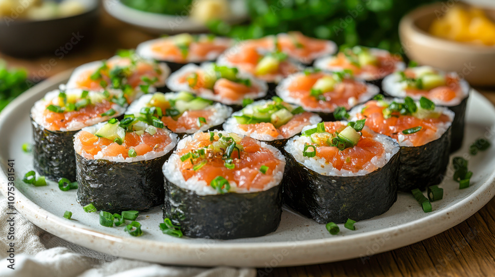 Fresh salmon sushi rolls garnished with green onions and cucumber on a white plate Fresh salmon sushi rolls garnished with green onions and cucumber on a white plate