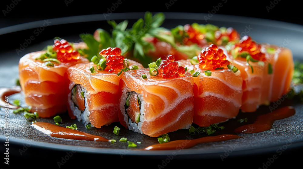 Fresh salmon sushi roll with roe garnished with herbs on black plate Fresh salmon sushi roll with roe garnished with herbs on black plate