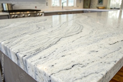 Close-up shot of viscount white natural granite countertop with a seamless pattern, smooth texture, decorative edge, granite countertop