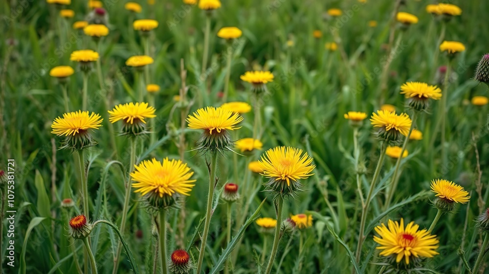 Field of bull thistle with yellow flowers and green foliage, field, purple flowers, meadow