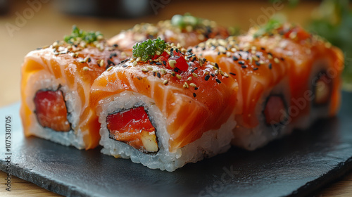 Fresh salmon sushi rolls garnished with herbs and seeds on a slate platter