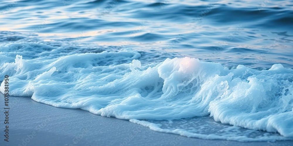 Softly glowing waves caress the shore with an ethereal blue hue, aquatic, mystical, shimmering Softly glowing waves caress the shore with an ethereal blue hue, aquatic, mystical, shimmering