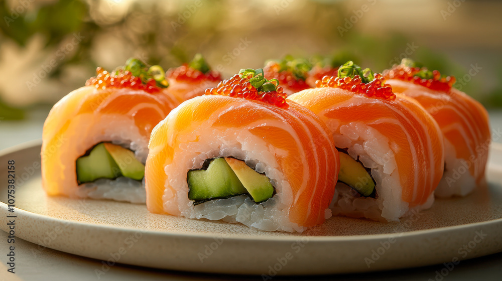 Fresh salmon sushi rolls topped with roe and green onions on ceramic plate Fresh salmon sushi rolls topped with roe and green onions on ceramic plate