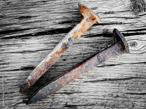 Old Rusted Railroad Spikes on Wood Surface photo