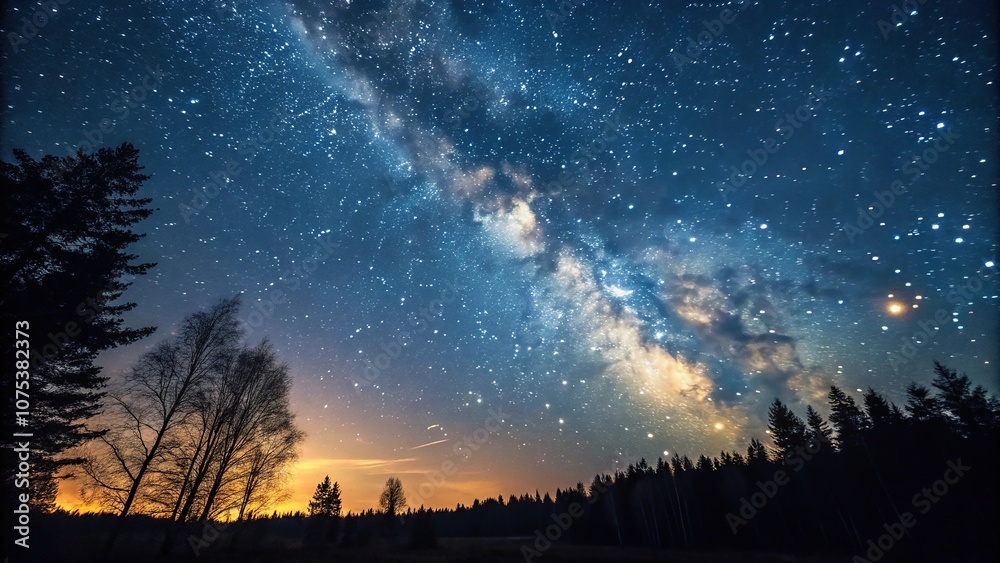 Fototapeta premium An ethereal night sky with stars twinkling in shades of gold and blue against a deep indigo background, galaxy, starry, blue