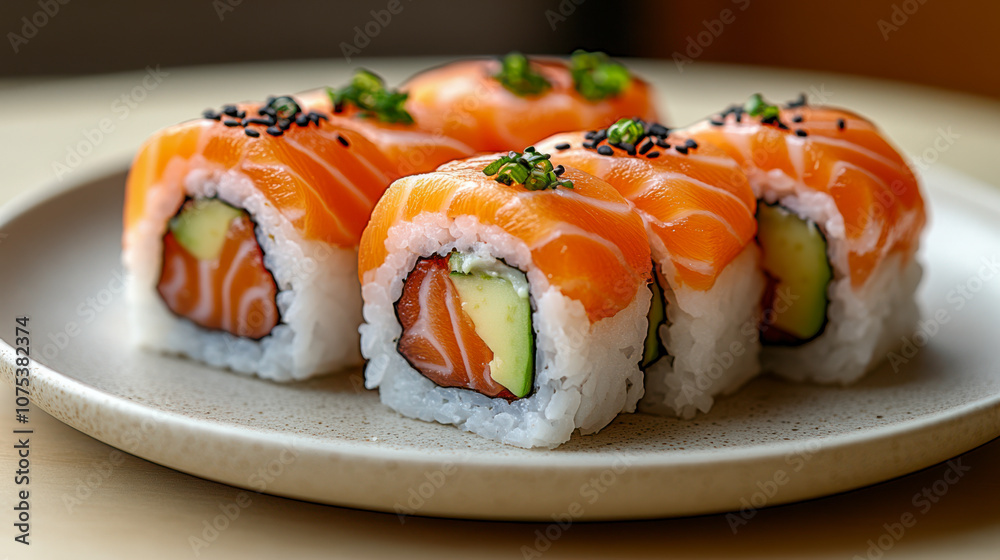Fresh salmon sushi rolls with avocado and rice garnish on a ceramic plate indoors Fresh salmon sushi rolls with avocado and rice garnish on a ceramic plate indoors
