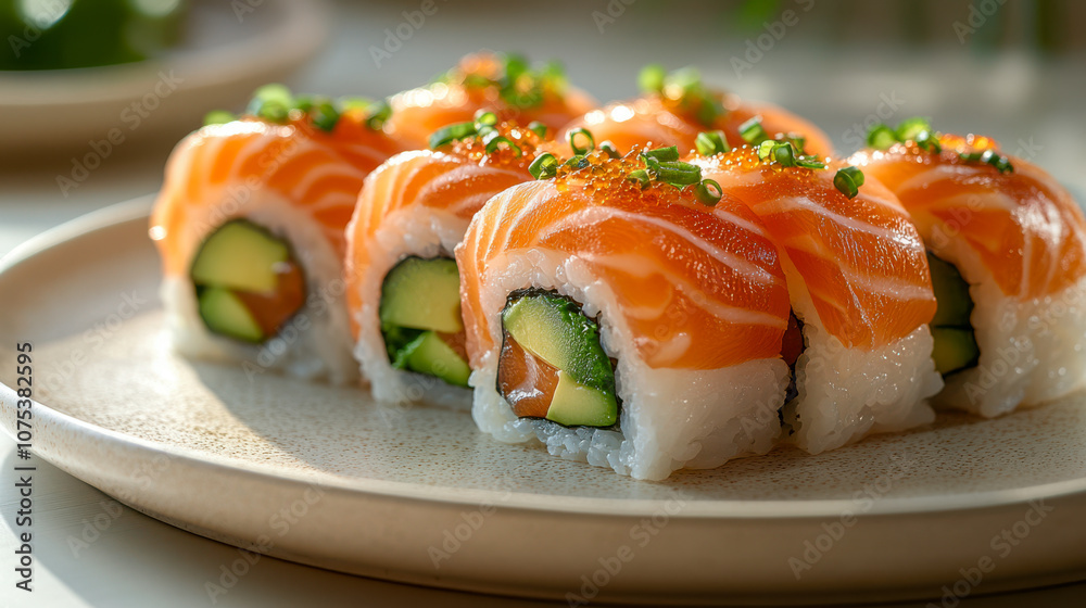 Fresh salmon sushi rolls with avocado on a ceramic plate in natural lighting Fresh salmon sushi rolls with avocado on a ceramic plate in natural lighting