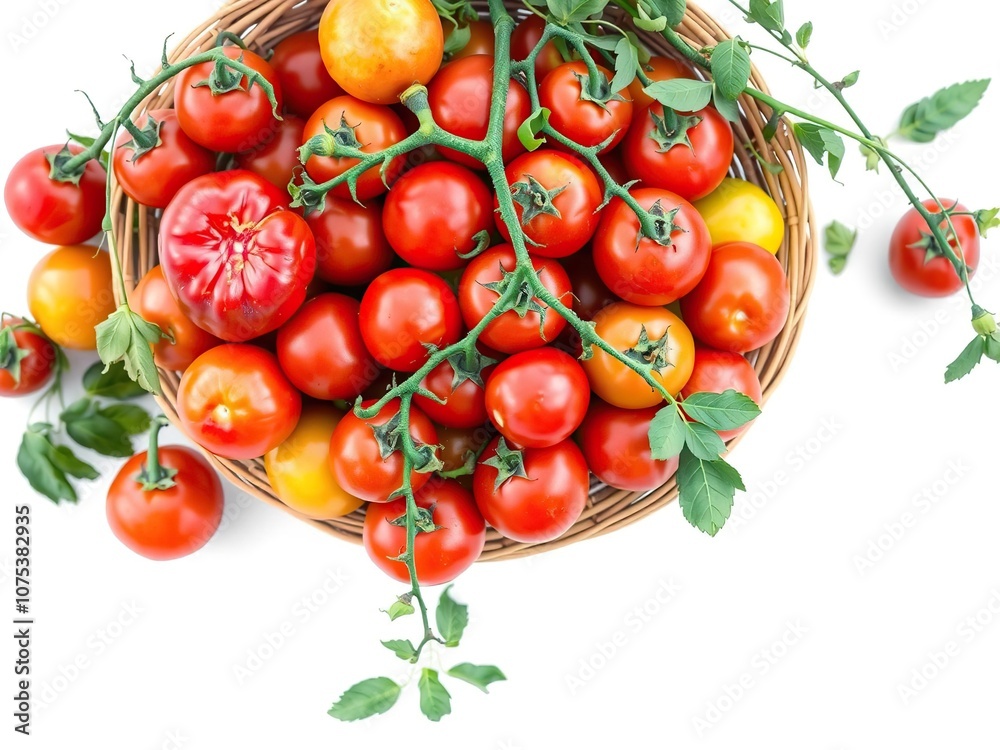 A basket overflowing with vine-ripened tomatoes and other seasonal fruits on a simple white background, summer fruits, rustic elegance A basket overflowing with vine-ripened tomatoes and other seasonal fruits on a simple white background, summer fruits, rustic elegance