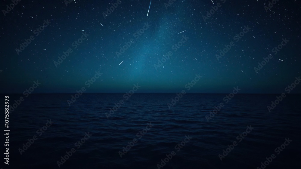 A dark blue ocean with a meteor shower streaking across the starry night sky above, ocean, celestial spectacle, constellations A dark blue ocean with a meteor shower streaking across the starry night sky above, ocean, celestial spectacle, constellations