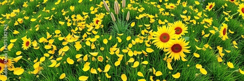 Yellow petals of sunflowers scattered across a bright green grassy field with some tall stalks in the middle, mobilewallpaper, lawnbackdrop, naturelovers photo