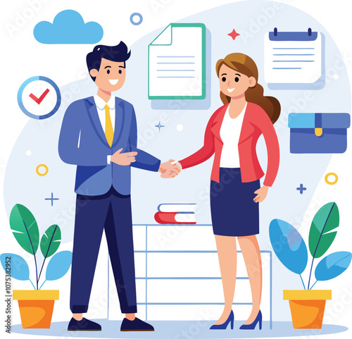 People shaking hands at work - Two businesspeople, man and woman doing handshake in office at work while smiling over business agreement and deal. Flat design stock illustration on white background
