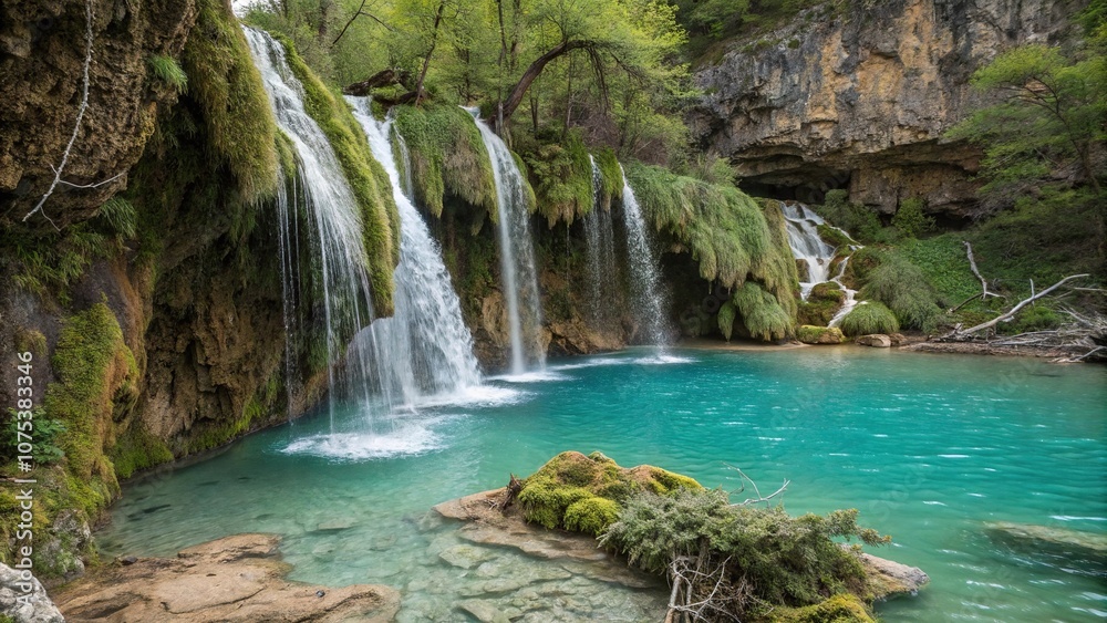 Fototapeta premium Crystal-clear turquoise water cascading down a moss-covered rocky cliff, mountain, moss covered, turquoise, nature, outdoor