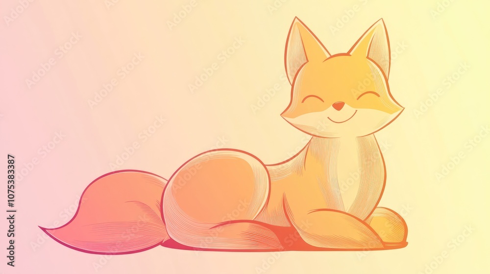 Line art illustration featuring a warm gradient design of a cheerful cartoon fox Line art illustration featuring a warm gradient design of a cheerful cartoon fox