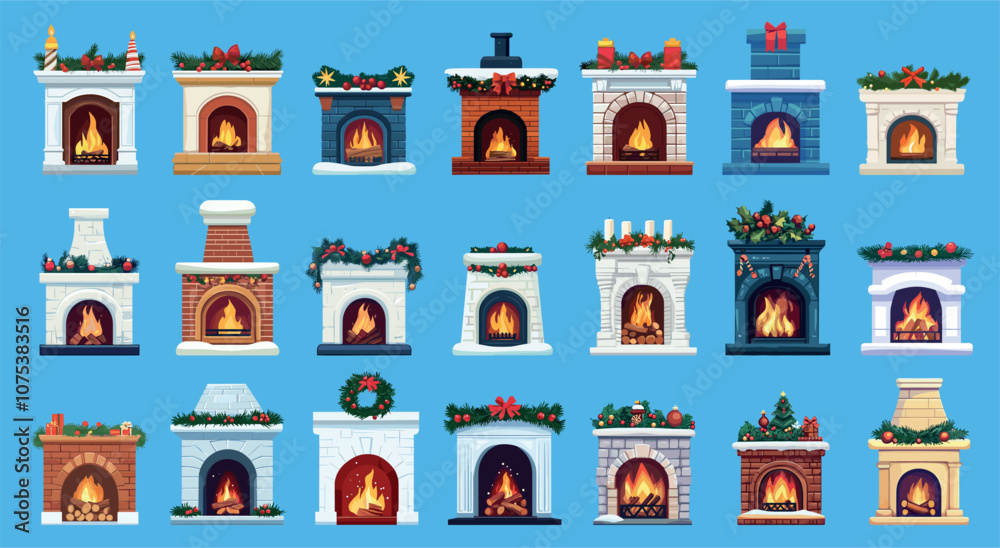 Fototapeta premium Flat christmas fireplaces. Fire place bricks decoration for branches bows candles presents set vector illustration