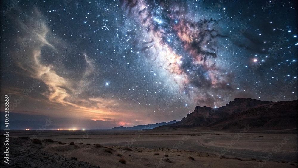 Obraz premium Majestic night sky with swirling clouds of gas and dust illuminated by a brilliant binary star, galaxy cluster, celestial scene