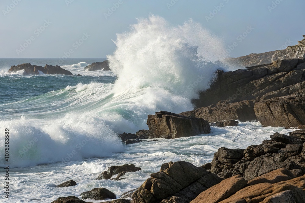 Powerful ocean wave crashes onto rugged rocky coastline, coastal scenery, turbulent sea, shore erosion, geological forces Powerful ocean wave crashes onto rugged rocky coastline, coastal scenery, turbulent sea, shore erosion, geological forces