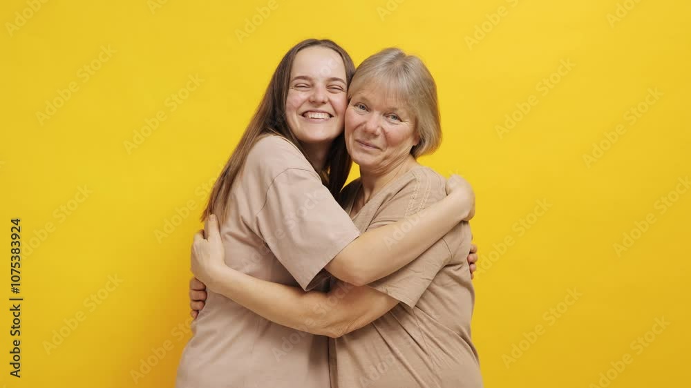 A heartfelt embrace between two generations on a bright yellow background in a joyful moment A heartfelt embrace between two generations on a bright yellow background in a joyful moment