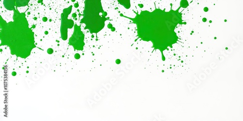 An explosion of green paint splatters against a pristine white backdrop, resulting in a visually striking and bold artwork, unique piece, abstract art, green splatter