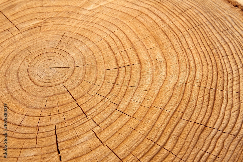 Fototapeta premium Close-up of warm wood grain texture featuring prominent growth rings and fine ring widths, texture photography, wood pattern, close-up