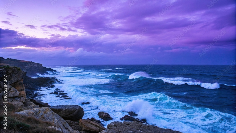Deep blue ocean waves crashing against a rocky coastline with a vast purple sky, nature, ocean, sea, deep blue Deep blue ocean waves crashing against a rocky coastline with a vast purple sky, nature, ocean, sea, deep blue