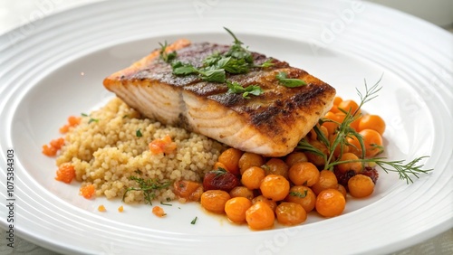 Cloudberries scattered around a grilled arctic char fillet on a white plate with a sprinkle of fresh herbs and a side of quinoa or brown rice, herbs, healthy meal photo