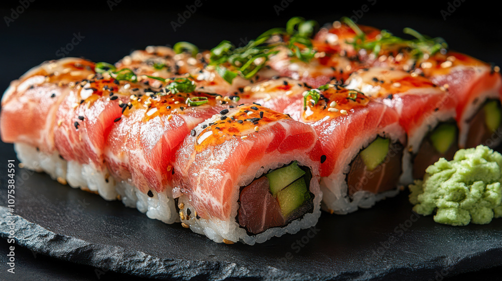 Fresh sushi rolls with sashimi salmon and avocado on black plate, garnished with herbs Fresh sushi rolls with sashimi salmon and avocado on black plate, garnished with herbs