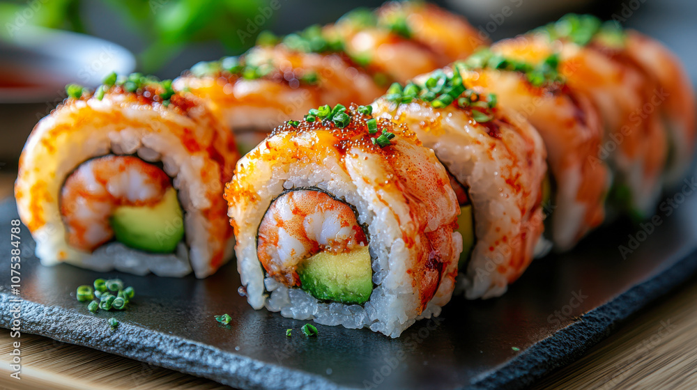 Fresh sushi rolls with shrimp, avocado, and chives on a black slate platter Fresh sushi rolls with shrimp, avocado, and chives on a black slate platter