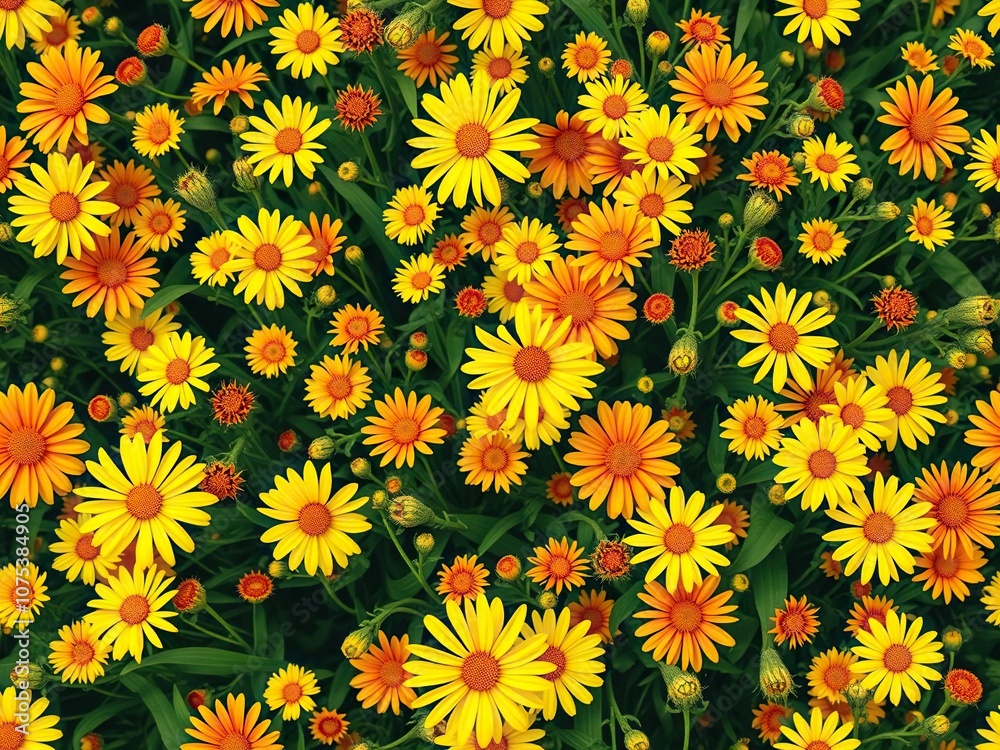 A lush and vibrant mix of yellow and orange flowers forms a stunning seamless pattern, reminiscent of a sunny meadow on a warm summer day, foliage, arrangement, patterns