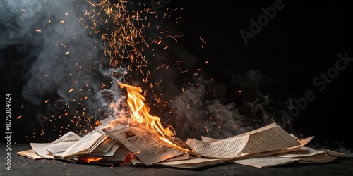 A heap of burning papers with flames and sparks flying through the air, surrounded by an atmosphere of dark smoke on a black background, wildfire, pyre photo