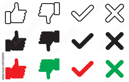 Thumb up, down, tick, and cross icon in line and thin style isolated on transparent. Like, dislike, checkmark, and x mark concept