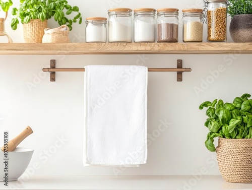 Hanging towel on a modern kitchen rack, stylish open shelving with various cooking essentials, urban chic concept for textile designs