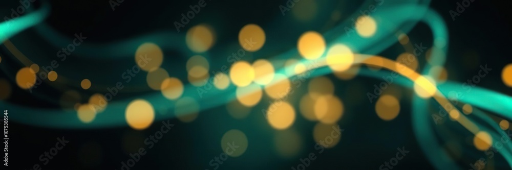 Fototapeta premium Swirling teal and gold abstract light streaks with bokeh against a dark background, radiant lights, starry night, cosmic scene
