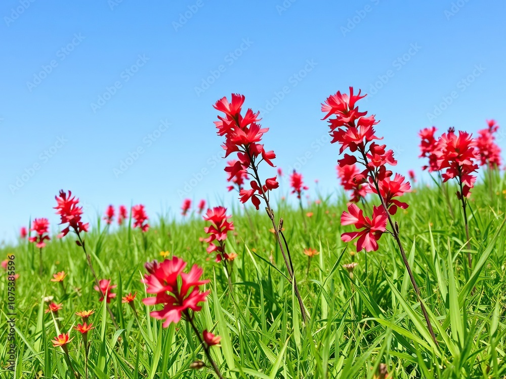 Vibrant red erythrina flowers scattered on a lush green meadow under a clear blue sky, erythrina, nature, blue sky Vibrant red erythrina flowers scattered on a lush green meadow under a clear blue sky, erythrina, nature, blue sky
