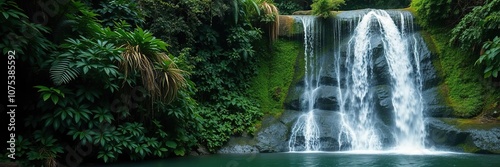 Waterfall cascading through lush greenery, dynamic energy, sky, dramatic effect