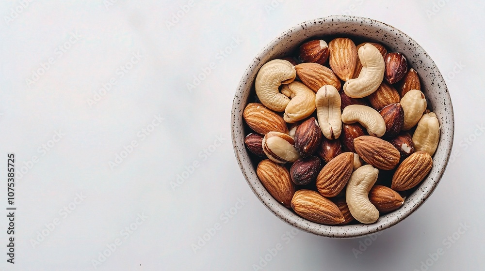 Bowl of Mixed Nuts on a White Background with Cashews, Almonds, and Hazelnuts in a Stylish Ceramic Dish for Culinary and Snack Presentations Bowl of Mixed Nuts on a White Background with Cashews, Almonds, and Hazelnuts in a Stylish Ceramic Dish for Culinary and Snack Presentations