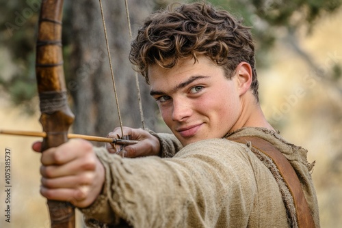 a young man having fun aiming a bow in a hunting pose from a side view photo