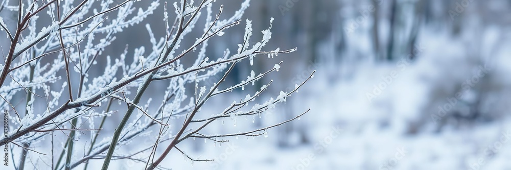 Bare winter tree branches stretched upwards, delicate frost forming in icy crystals, frosty foliage, frozen landscape, icy details Bare winter tree branches stretched upwards, delicate frost forming in icy crystals, frosty foliage, frozen landscape, icy details
