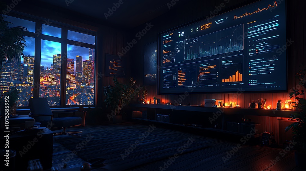 A modern living room with a large screen displaying data and a city skyline view from the window. A modern living room with a large screen displaying data and a city skyline view from the window.