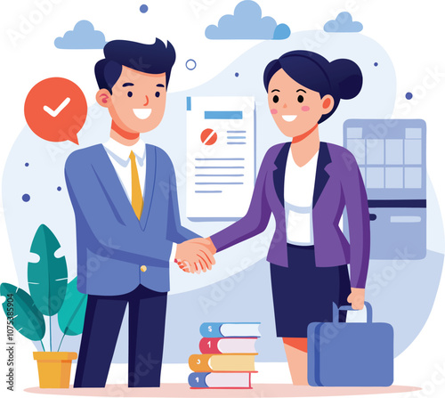 People shaking hands at work - Two businesspeople, man and woman doing handshake in office at work while smiling over business agreement and deal. Flat design stock illustration on white background