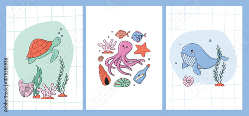 Sea life doodles, cartoon elements for nursery room decor, posters, prints, cards, kids apparel, invitations, banners, etc. Save the ocean, save the planet theme. EPS 10