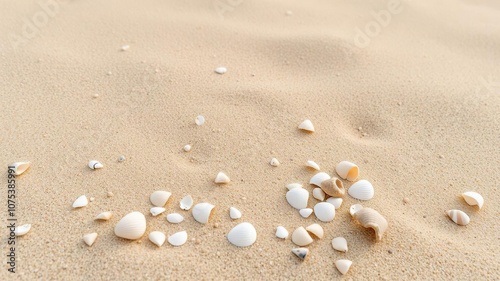 Beachy scene with scattered sea shells on beige sand, snail shell, waves, natural