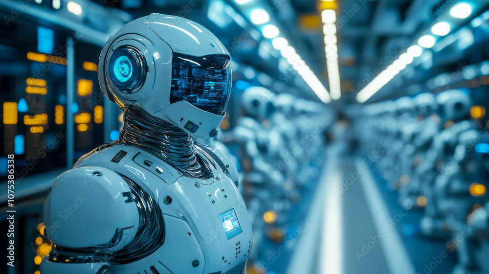 Futuristic robot in a high-tech facility with numerous advanced androids lined up