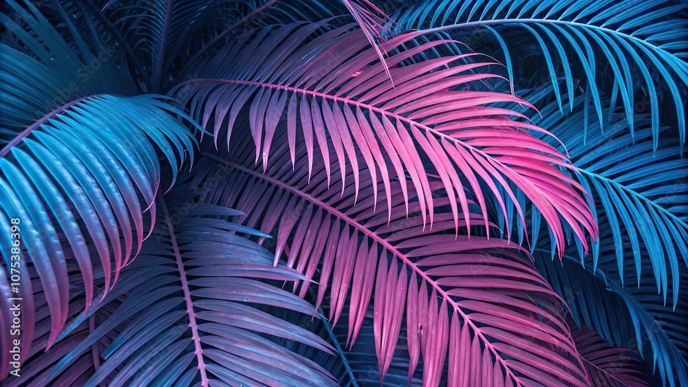 Intricate neon pink and blue tropical palm leaves intertwined with each other in a beautiful dance, colorful foliage, florally intricate, tropical palms, exotic floral patterns, blue Intricate neon pink and blue tropical palm leaves intertwined with each other in a beautiful dance, colorful foliage, florally intricate, tropical palms, exotic floral patterns, blue