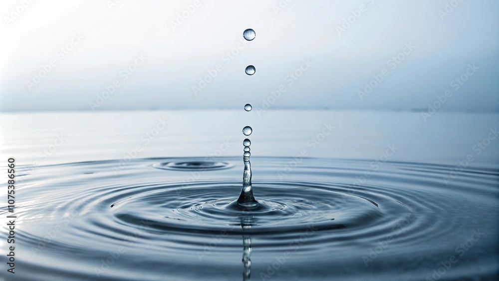 Water droplet falls from the sky onto a serene water surface, creating ripples and disturbing the peaceful atmosphere, liquid motion, aquatic environment, droplet fall Water droplet falls from the sky onto a serene water surface, creating ripples and disturbing the peaceful atmosphere, liquid motion, aquatic environment, droplet fall