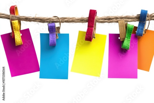 colorful paper notes hanging on clothes pegs photo