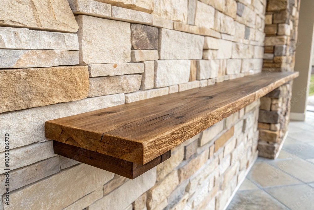 A rustic wooden shelf is expertly crafted to complement the natural tone of a stone or brick background, reclaimed wood, bohemian decor, wood grain, natural background A rustic wooden shelf is expertly crafted to complement the natural tone of a stone or brick background, reclaimed wood, bohemian decor, wood grain, natural background