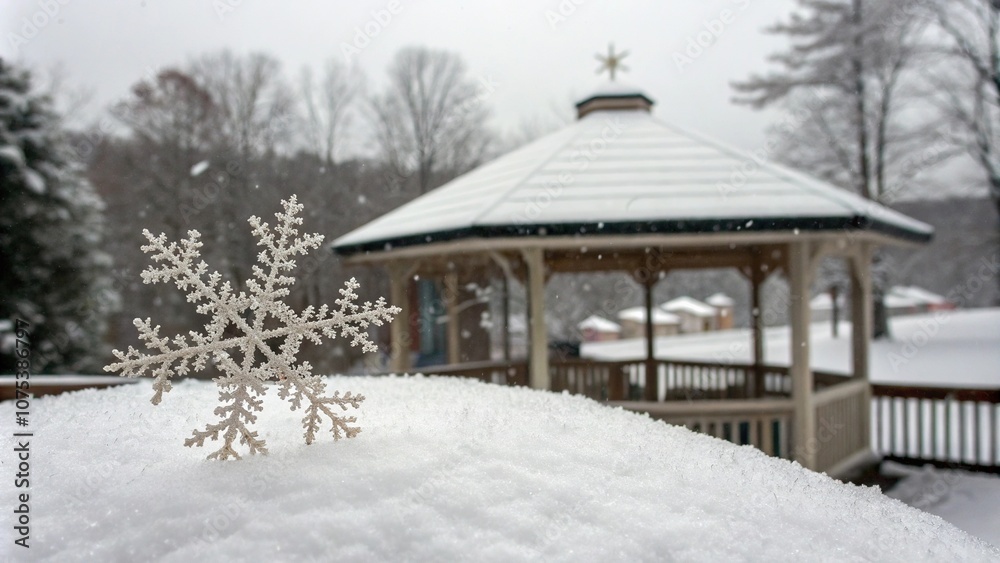 A single, lonely snowflake lands on the roof of the gazebo, its delicate form a fleeting moment of beauty in the otherwise monochromatic winter scene, winter morning, snow A single, lonely snowflake lands on the roof of the gazebo, its delicate form a fleeting moment of beauty in the otherwise monochromatic winter scene, winter morning, snow