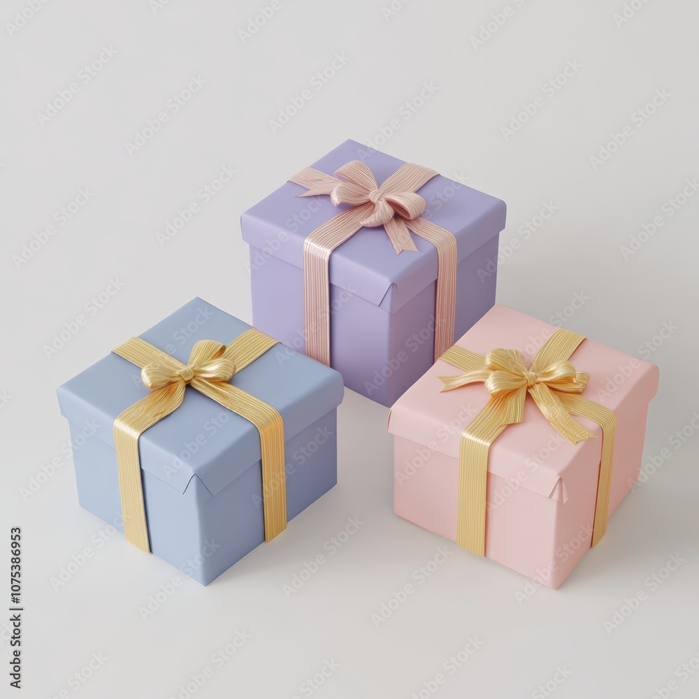 three small gift boxes with gold ribbons on a white background three small gift boxes with gold ribbons on a white background